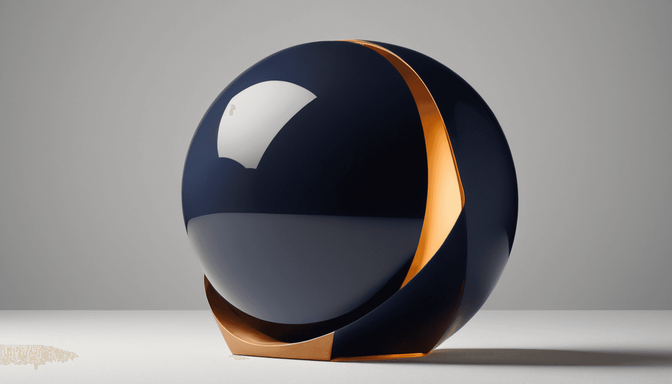 Khối 3D tối giản với logo được khắc vào bề mặt, nền xanh navy sẫm, ánh sáng ấm