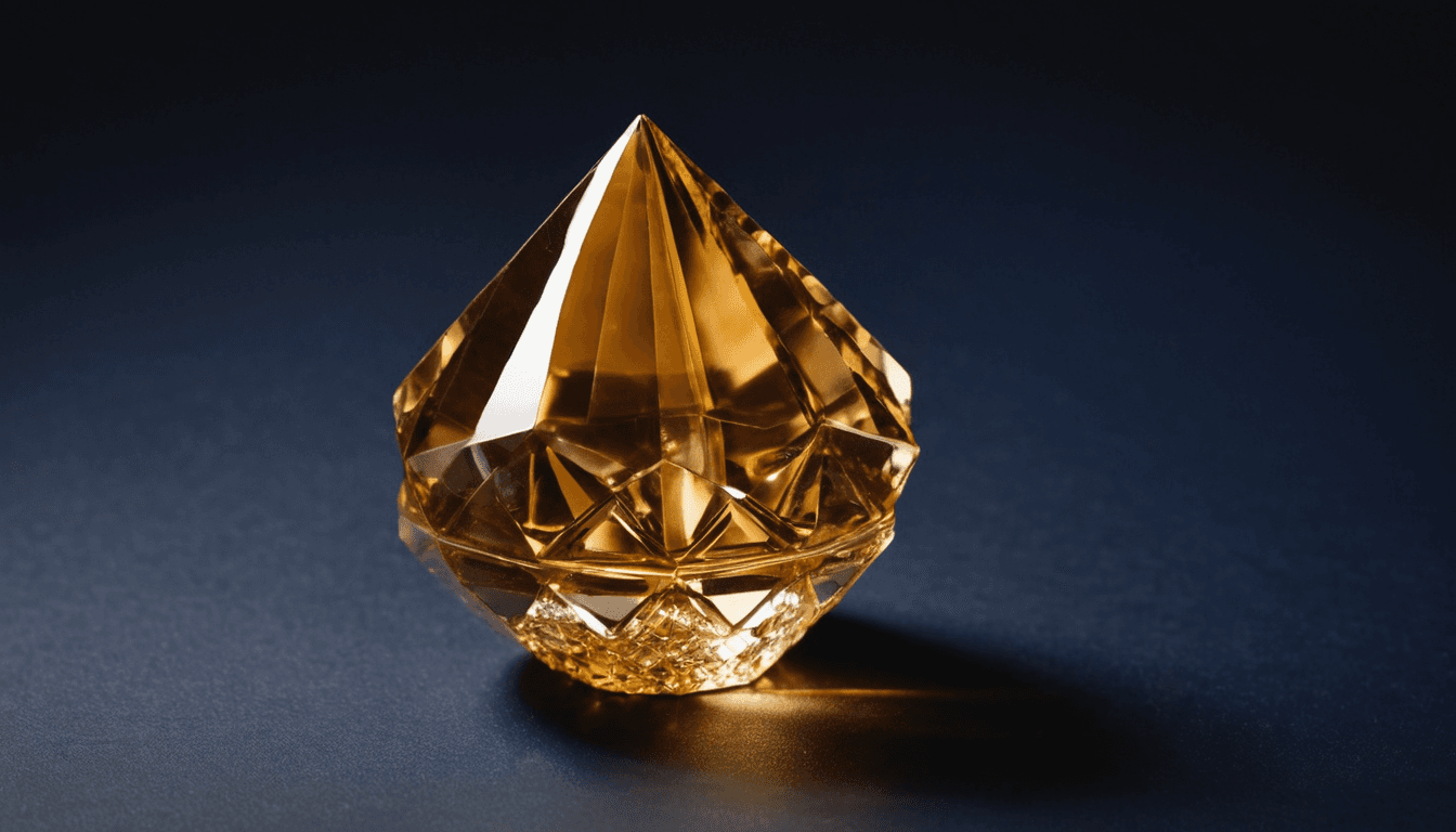 Khối crystalline đa mặt tượng trưng xếp hạng shop, chiếu sáng bởi ánh vàng ấm trên nền tối